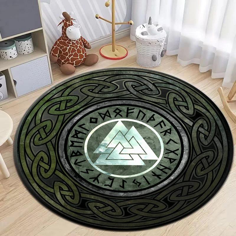 Viking Inspired Round Rug with Norse Symbols and Celtic Patterns Floor Mat for Nordic Decor Adding Mystic Ancient Charm
