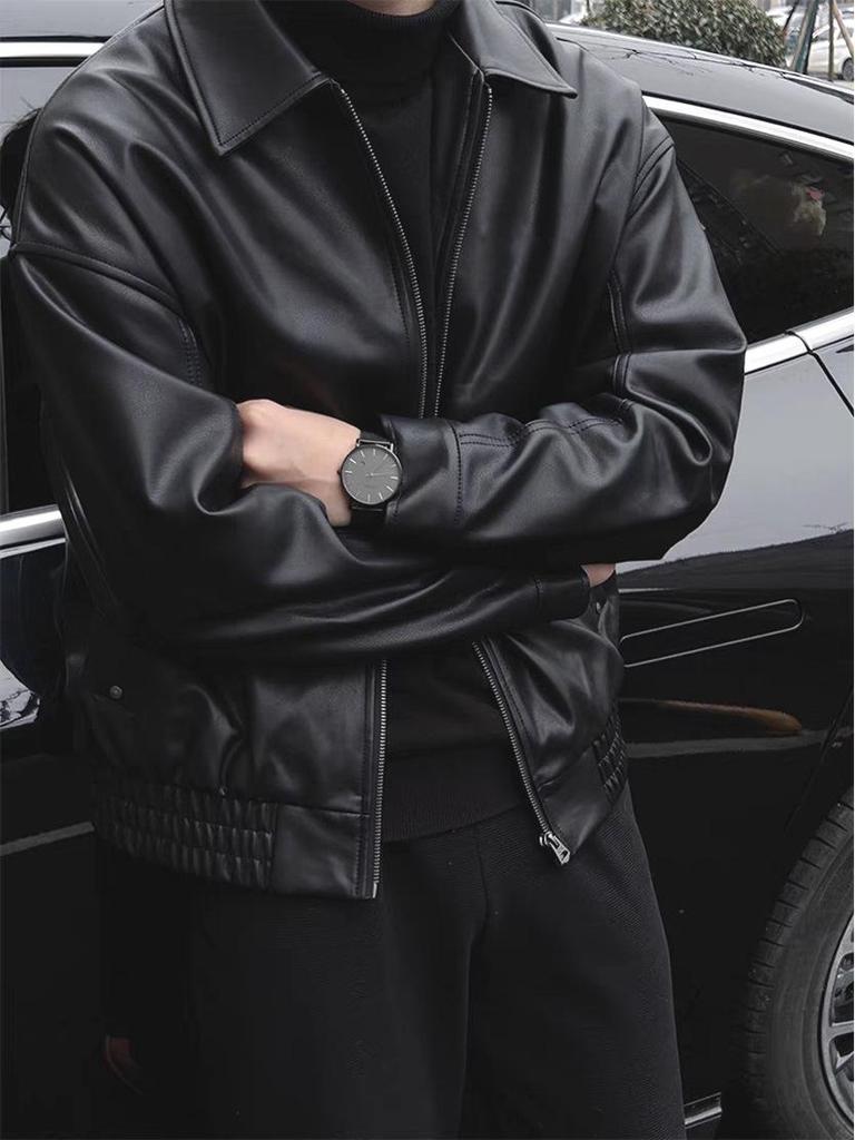 Men's European-Style Black Executive PU Leather Workwear Jacket with Lapel Zipper