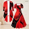 Women Plus Size Two Piece Set Three Quarter Sleeve Cardigan Square Neck Short Sleeve Tie Waist Flared Printed Dress