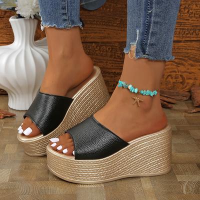 Aphixta Leder Sommer Pantoletten 9cm Keilabsatz Hausschuhe Damen Plateau Mules Sandalen Clog Schuhe Pantoletten Große Größe 43