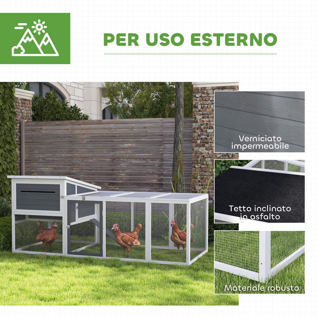 Fir Wood Chicken Coop with House, Nesting Box and Outdoor Area, 214x101x91.5 cm, Grey