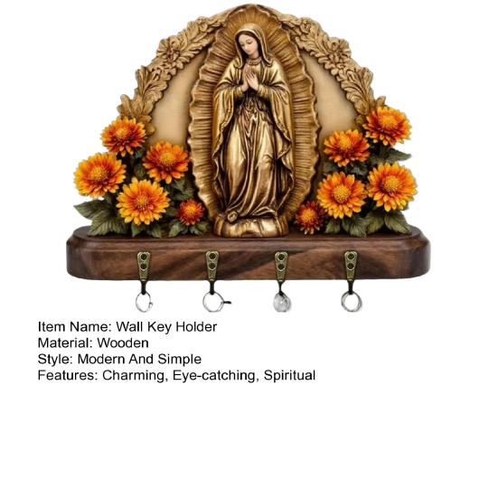 Płaski wieszak na klucze na ścianę 2D Matka Boska Dom na wsi Religijna sztuka ścienna z 4 metalowymi haczykami do przedpokoju, korytarza Rustykalne chrześcijańskie prezenty dla rodziny i przyjaciół