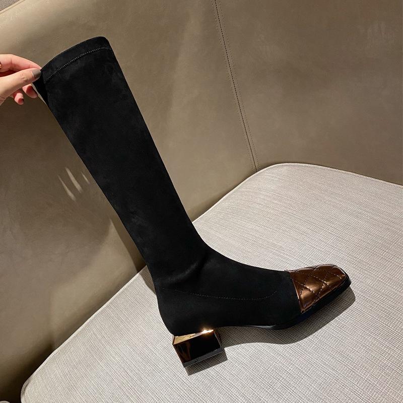 European Station Autumn and Winter Elastic Boots Square Head Tall Fashion Boots Women's Middle Heel Splicing Knee Boots Coarse Heel Boots Women's