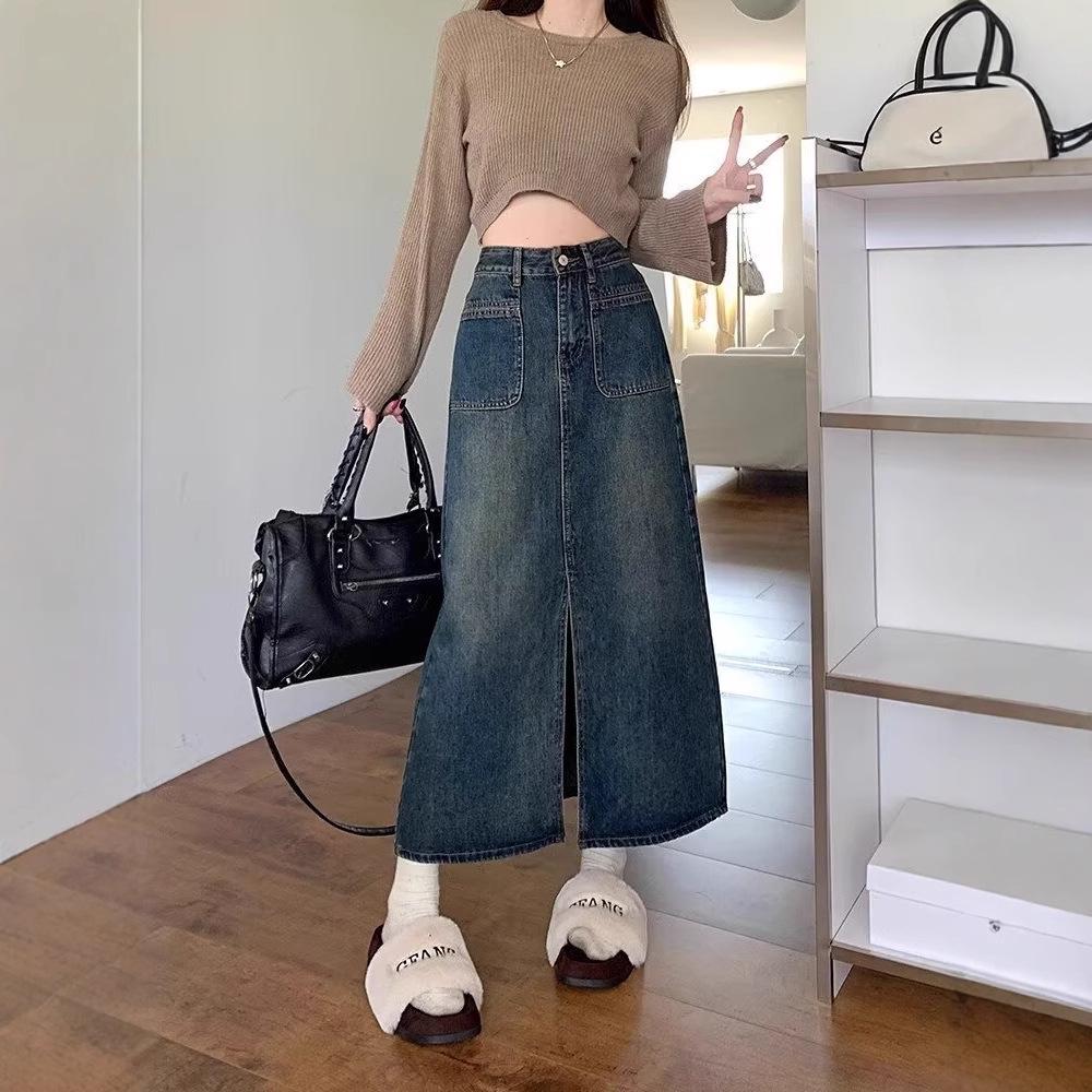 Džínová sukně s vysokým pasem a retro předním rozparkem - Nepravidelná jarní móda pro ženy