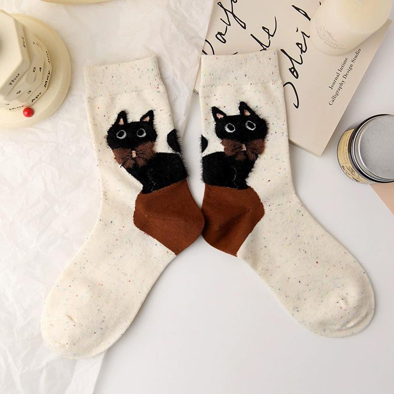 1 Pair Women's Socks Autumn Winter Letter Print Breathable Cat Ankle Socks High Quality Mid-Calf Socks Cute Cat Polyester Blend