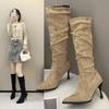 Khaki Knight Pointed High Heel Boots Femininity Spring and Autumn Pile Winter Retro Shoes Skinny Boots Medium Tube