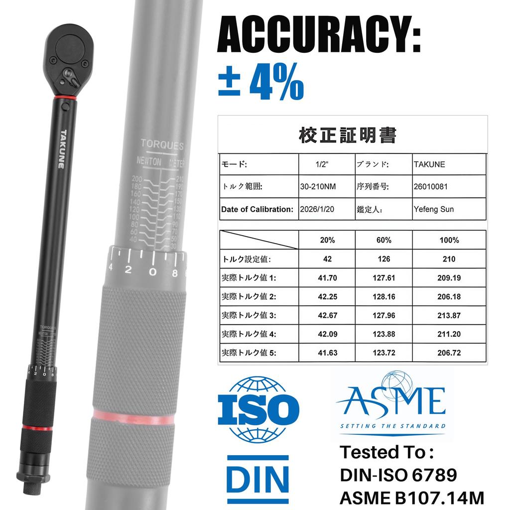 TAKUNE Torque High Extension and Storage Case Perfect for Tire and Machine Wrench, 6-Piece Set, 12.7mm (1/2") Drive, 30-210N.m, ±4% Accuracy, Preset,
