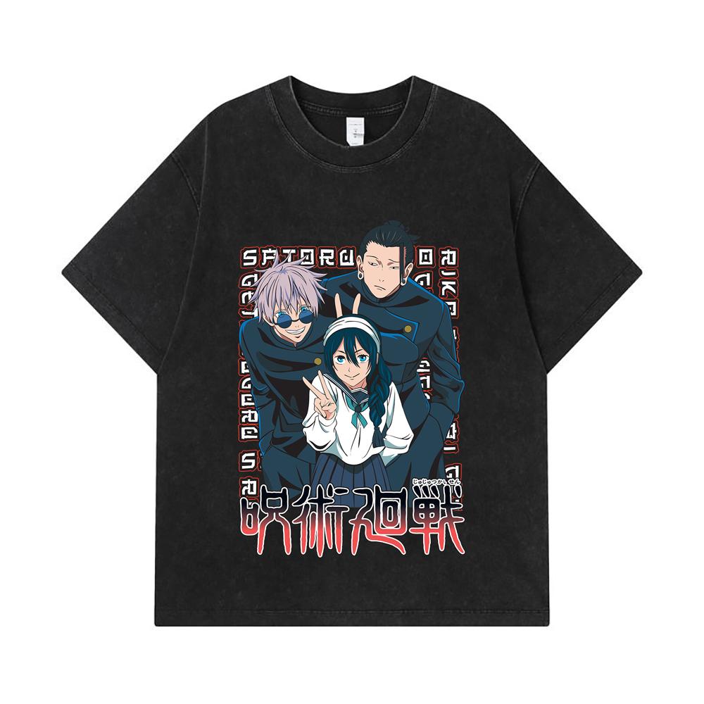 275 GSM Washed T-shirts 100% Cotton Jujutsu Kaisen V40 Print Unisex Heavy Cotton T Shirt