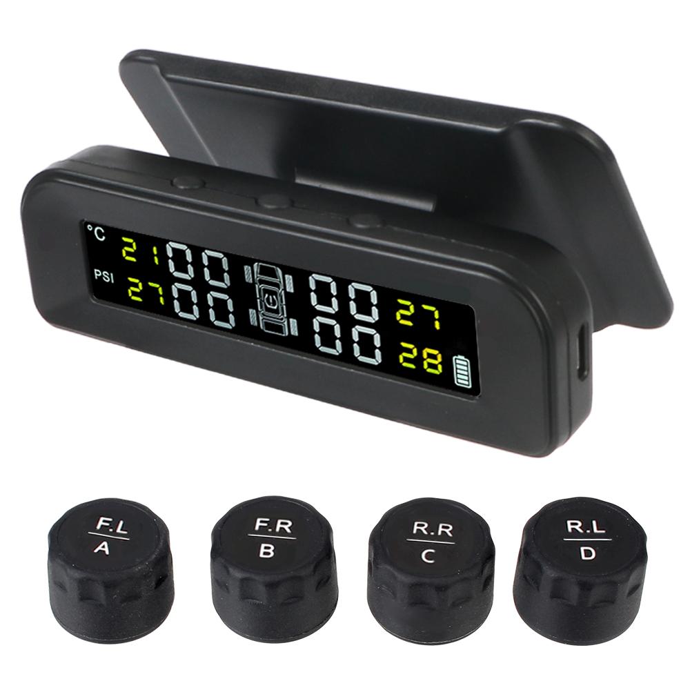 

Tire Pressure Monitoring System Solar Power Smart Car Digital TMPS With 4 External Sensors Auto Security Alarm LCD Display Black
