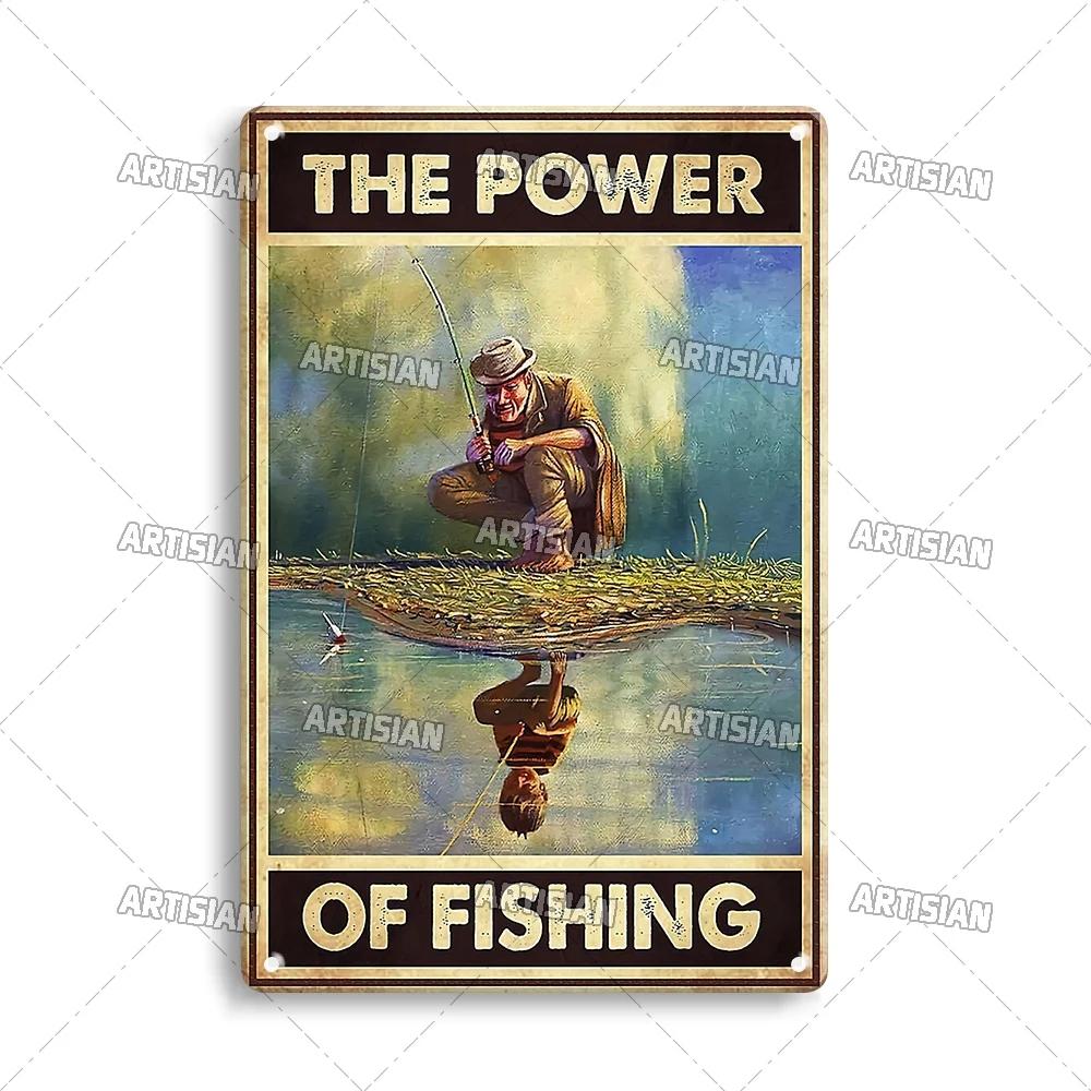 Artisian Fishing Metal Poster Sport Tin Sign Lure Bait Decorative Plaque Wall Decor Garage Bar Pub Club Hotel Cafe Kitchen Home