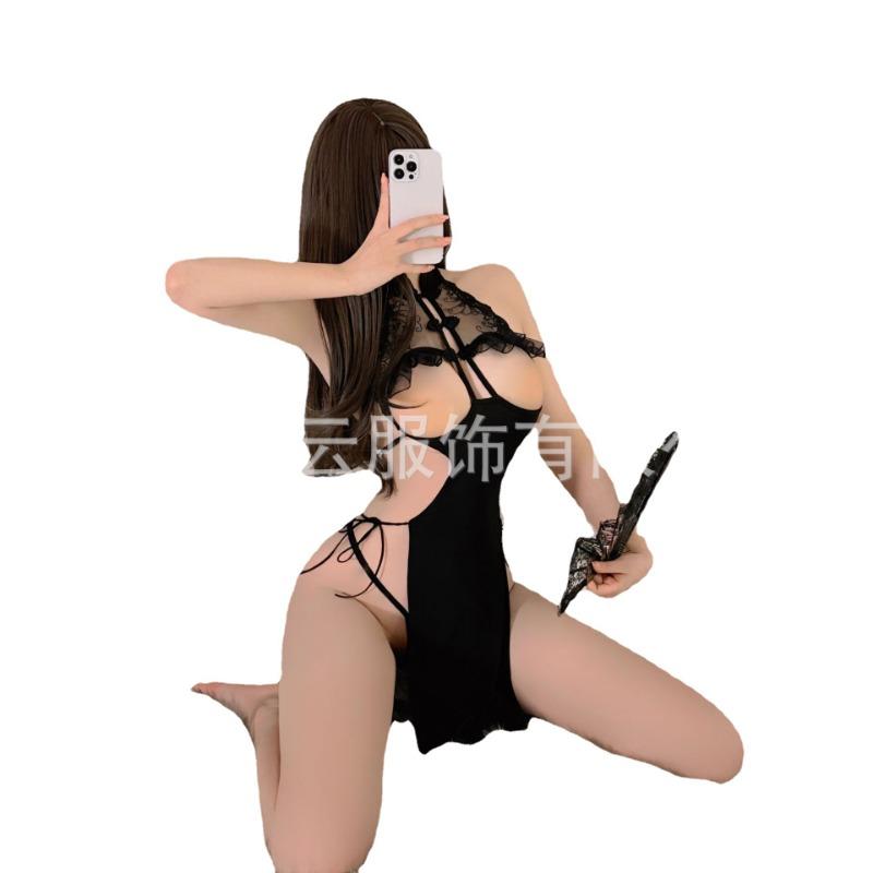Sexy underwear, sexy hollow lace, ice silk temptation cheongsam, hot small chest perspective uniform pajamas, one piece.