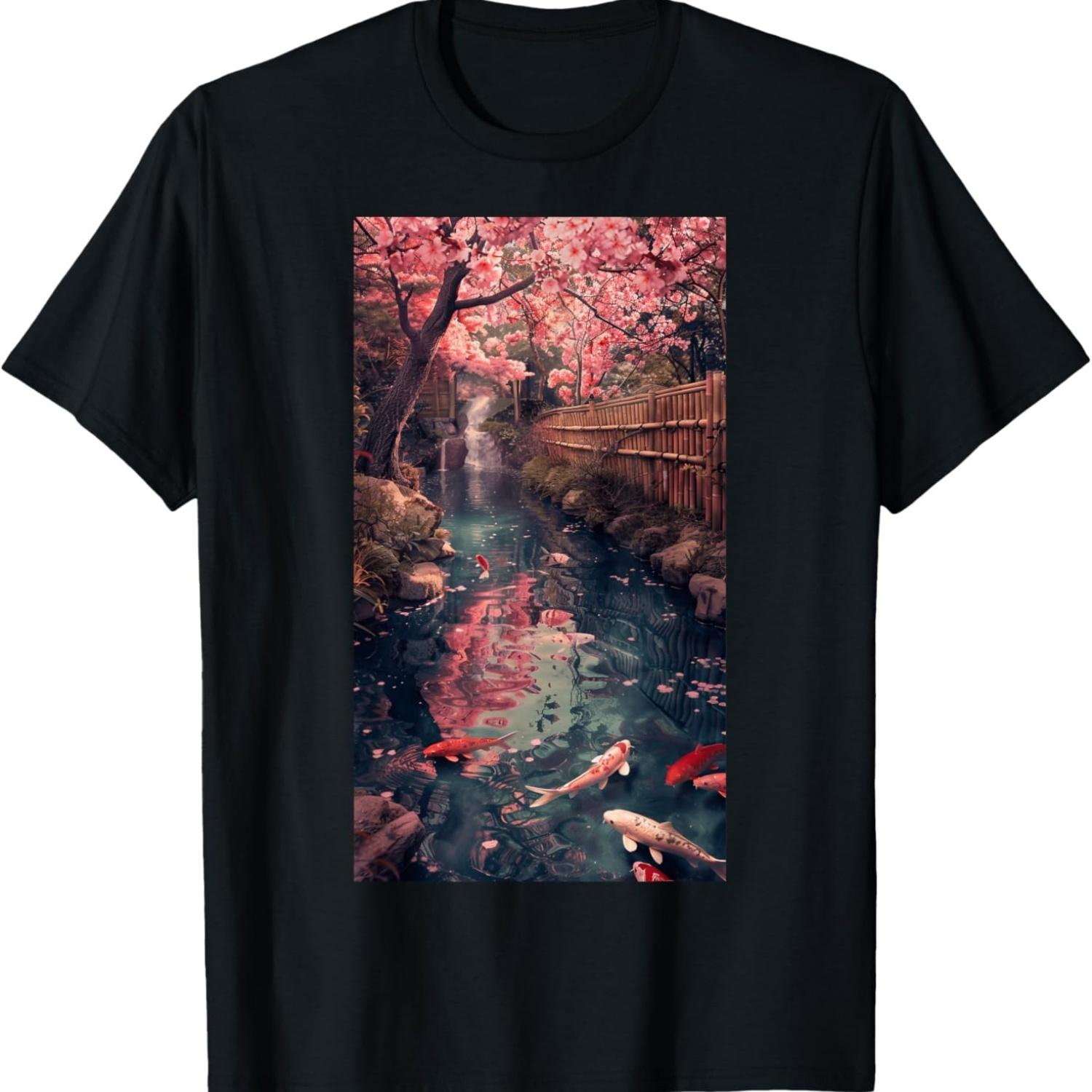 Twilight Sakura Trees Koi Cherry blossom Japan T-Shirt S чёрный