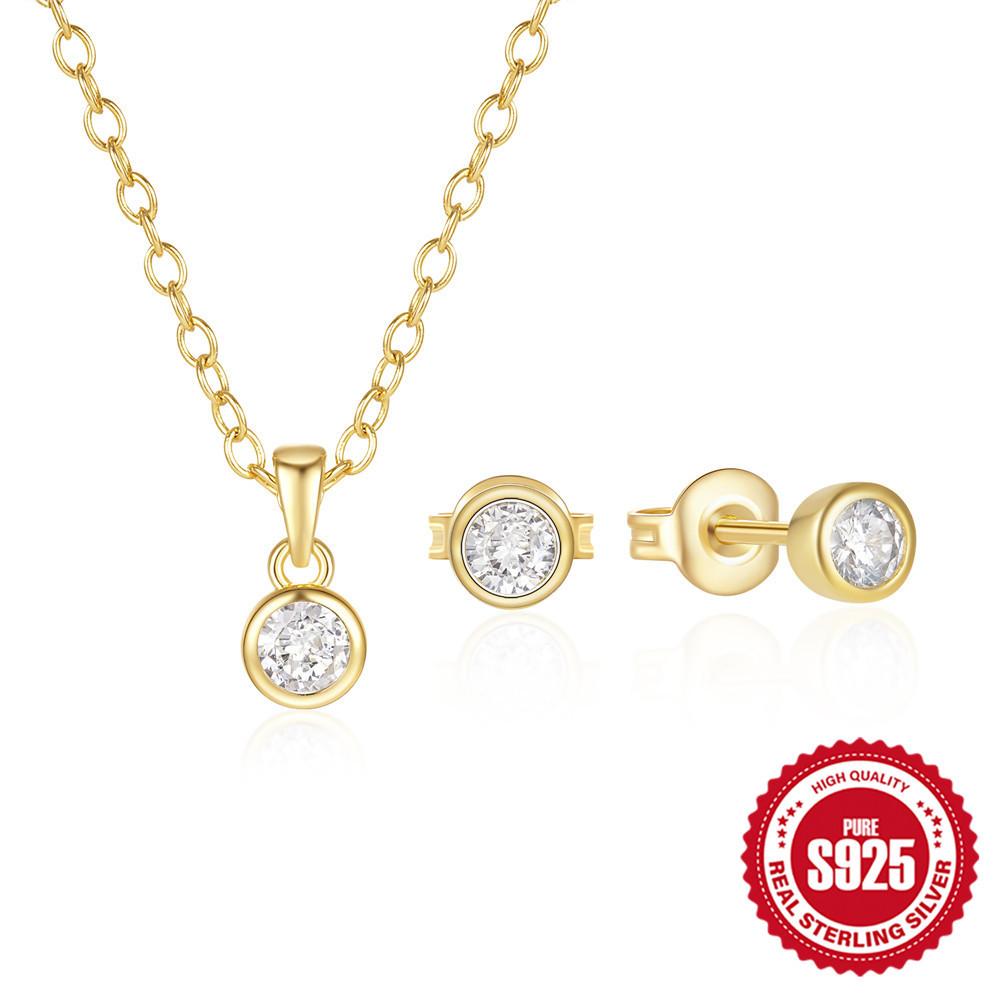 S925 Sterling Silver Simple Classic Round Hemming Inlaid Zircon Necklace + Stud Earrings Combination Commuter Set 925 Silver