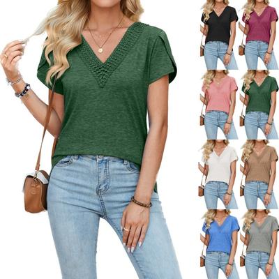 Women's Spring Summer Splicing V-neck Petal Sleeve Solid Color Casual T-shirt