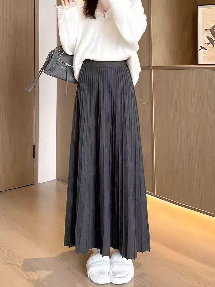 

Женская вязаная юбка А-силуэта с высокой талией - Прикрывающая бедра, Широкий подол, Большой размер, Осень-Зима, Утепленная, Стройнящая, Плиссированная, Длинная юбка One Size темно-серого