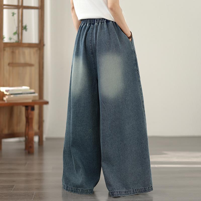 DIMANAF 2026 Sommer Neue Große Größen Damen Jeans Elastischer Bund Lange Hosen Blau Locker Lässig Denim Baumwolle Hosen Hosen