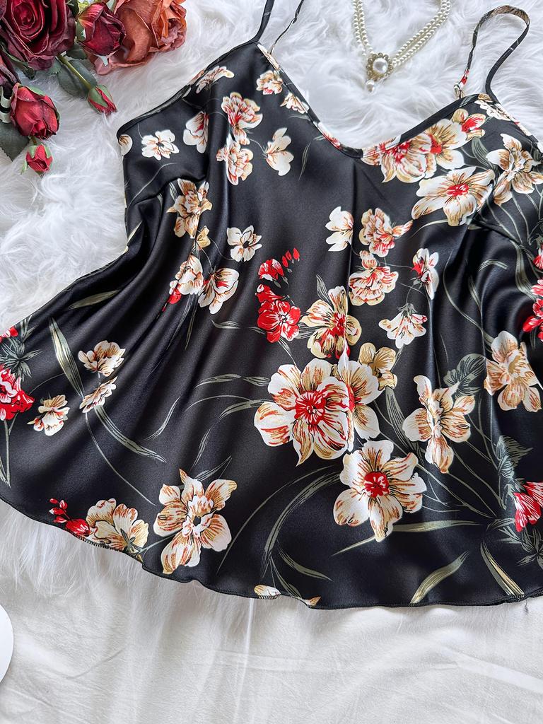 European & American Silk Print Women's Pajama Set: Camisole Dress & Long Pants