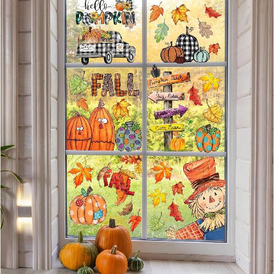 Fall Window Clings Decorations for Glass Fall Watercolor Pumpkin Maple Leaves Scarecrow Truck Window Stickers for Autumn Thanksgiving Harvest Party