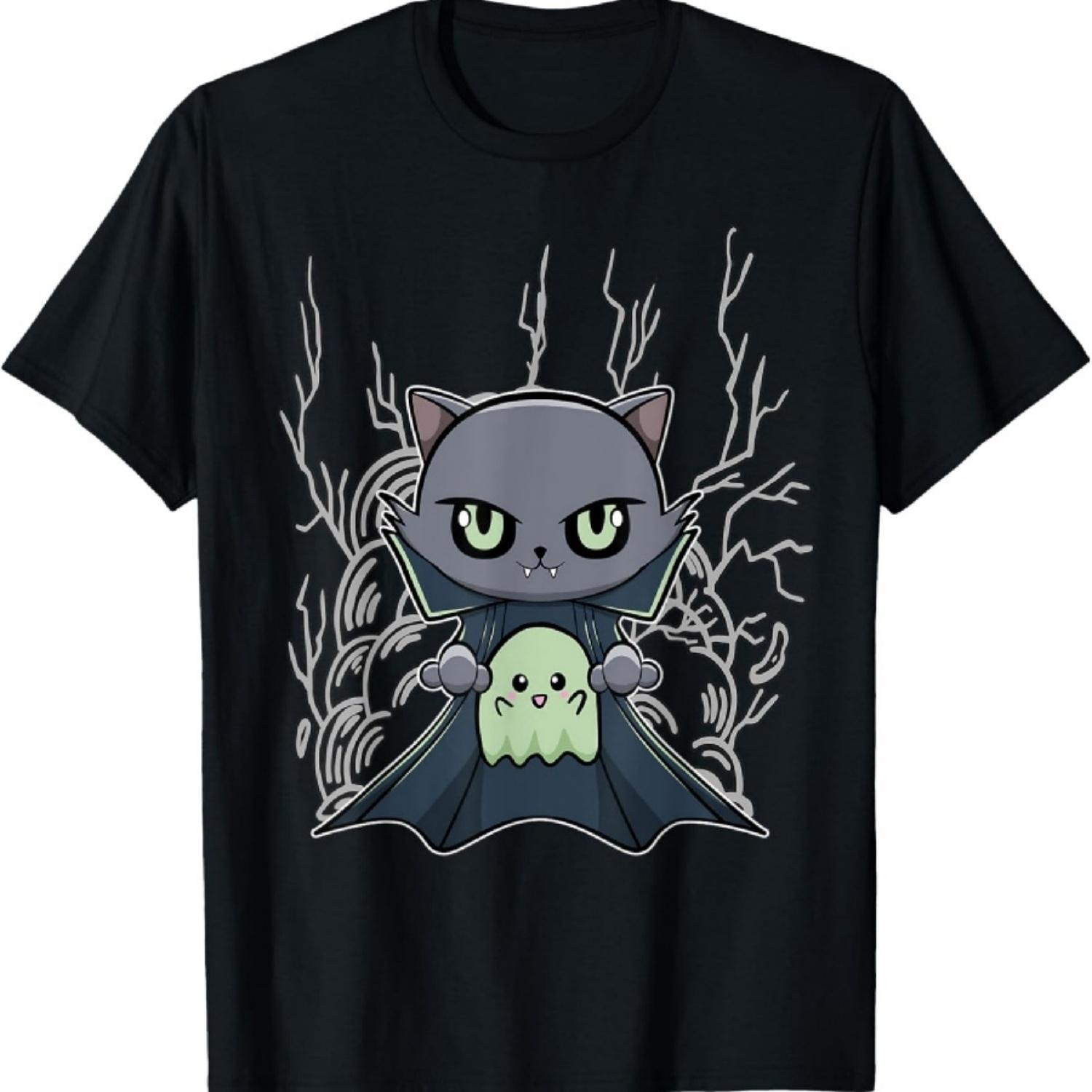 Черный кот, вампир Дракула и волшебный призрак на Хэллоуин футболка S