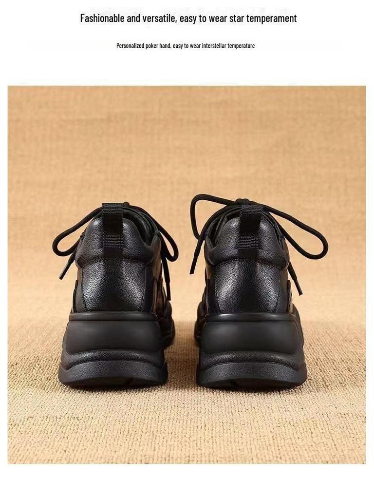 Nouvelles Chaussures Dad à Semelles Épaisses en Cuir Véritable Noir Automne/Hiver 2025 pour Femmes: Polyvalent, Élégant et Décontracté.