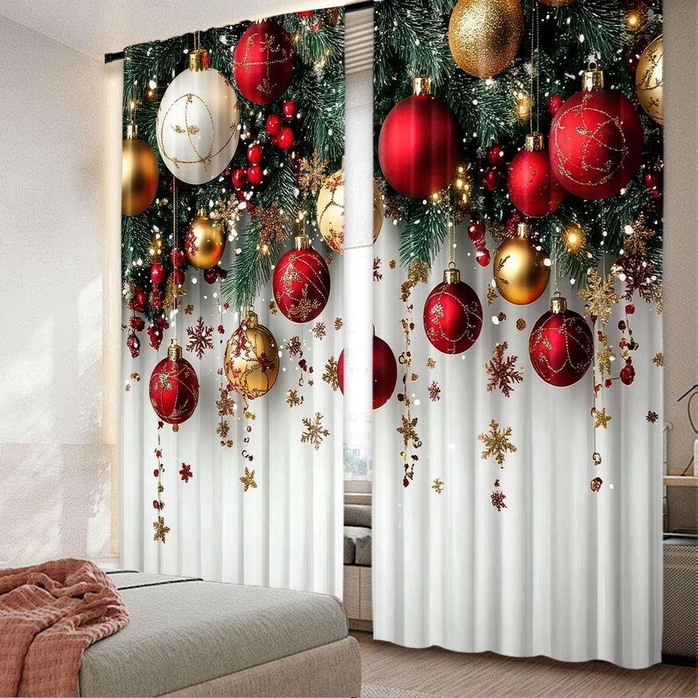

Classic Flat Printing Christmas Curtains Festive Ornaments Digital Printed Polyester Drapes Birthday Party Set Of 2 Made W100*H70(CM)-Hooks&2PCS