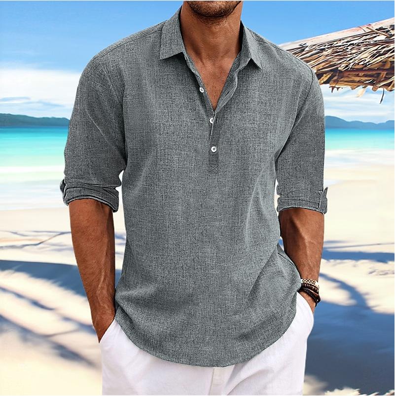 Men's Large Size Solid Color Shirt Linen Lapel Long Sleeve Casual Shirt Men's Breathable