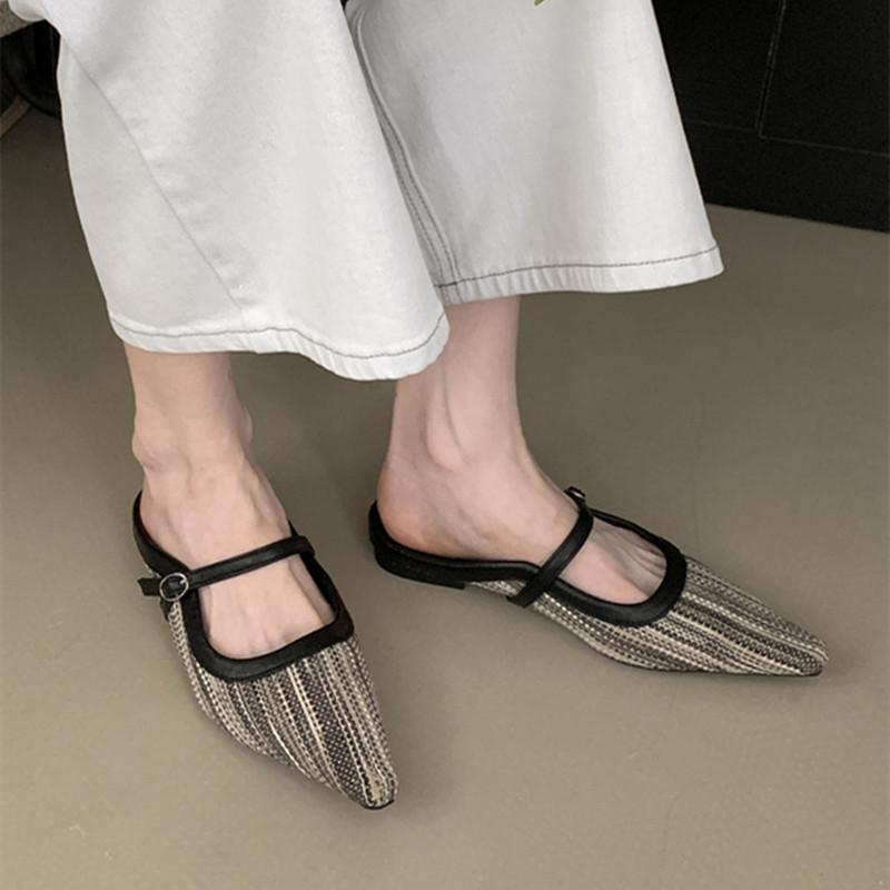 Bailamos Women Flats Fashion Point Toe Slip On Mules Shoes Soft Slippers Flat Heel Outdoor Casual Dress Sandals