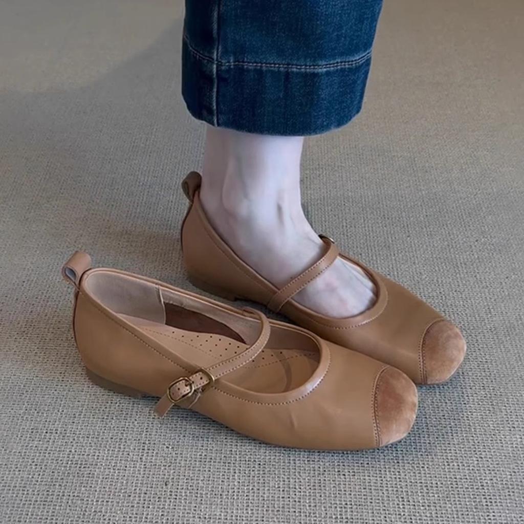 Sheepskin version~ retro soft-soled leather splicing one-word belt Mary Jane single shoes women's shallow commuter flat-soled ballet shoes