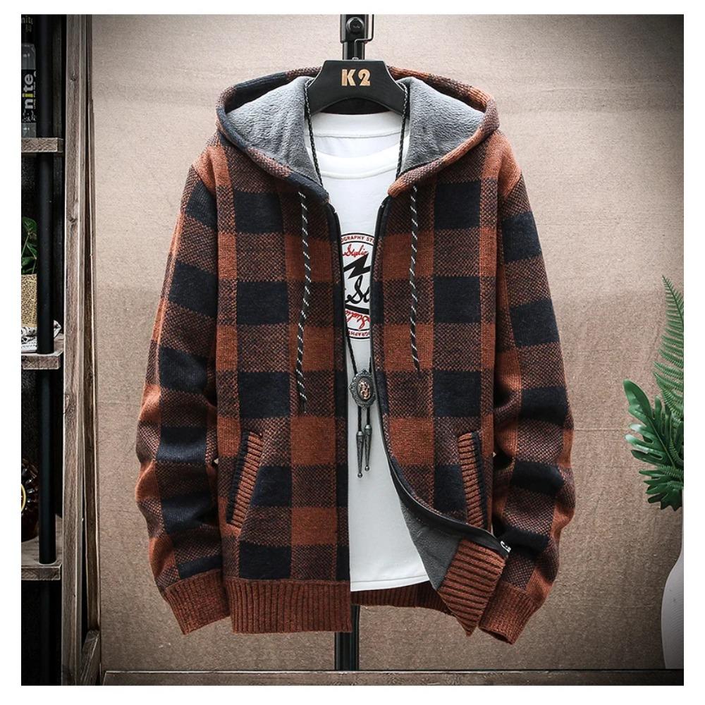 Knitted Cardigan Sweater Men's Jacket Loose Men's New Plaid Long-sleeved Sweatercoat Warm Jackets Winter