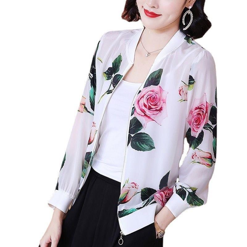 Women's Plus Size Chiffon Printed Baseball Jacket - Summer 2026 Style, Lightweight, Age-Reducing, Sun Protection Short Coat