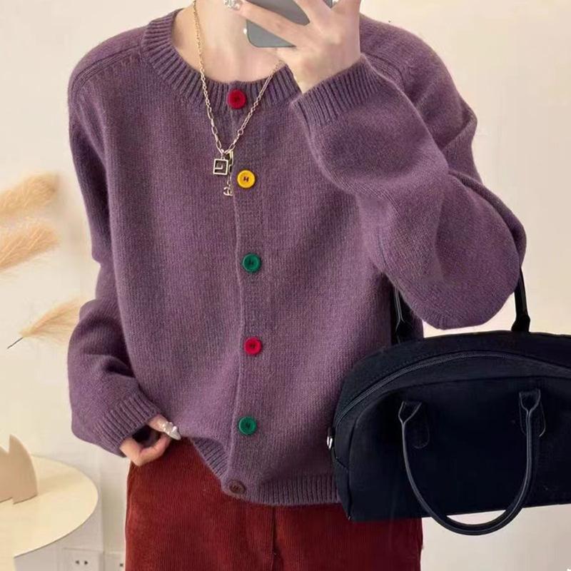 Retro color button knitted cardigan top women's early spring new fashion soft waxy loose sweater jacket tide