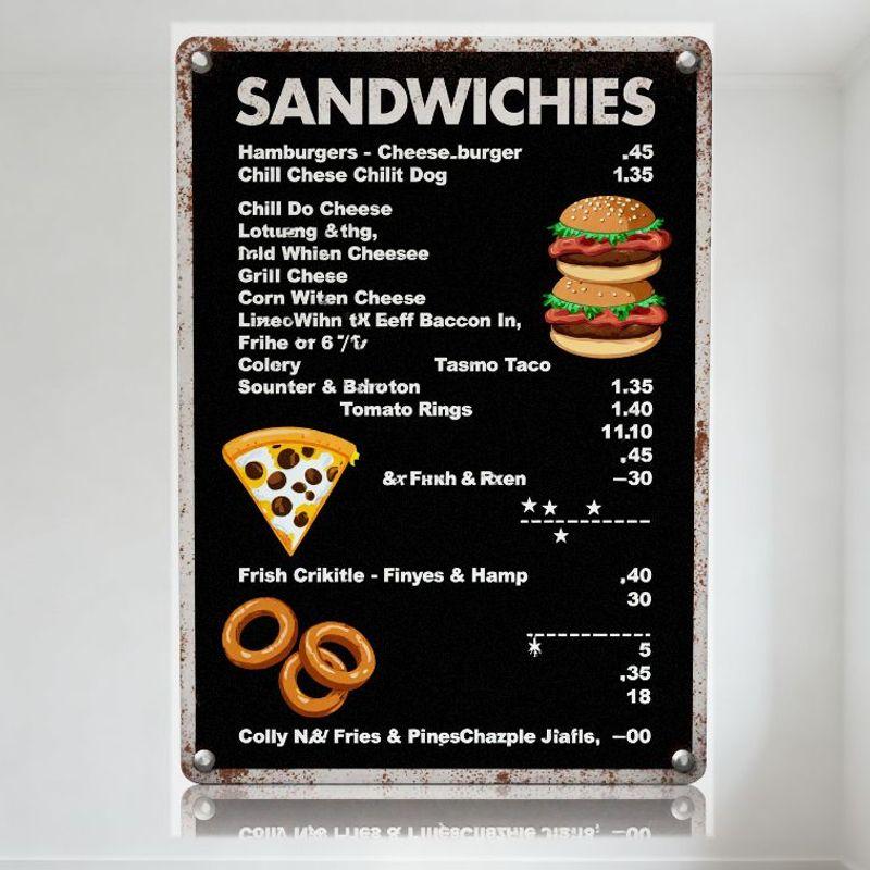 

Vintage Black Rusty Metal Sign with White Text SANDWICHES & Food Items List, Stacked Hamburgers, Pizza, Onion Rings - Cafe Res 20x30cm（7.8x11.8inch）