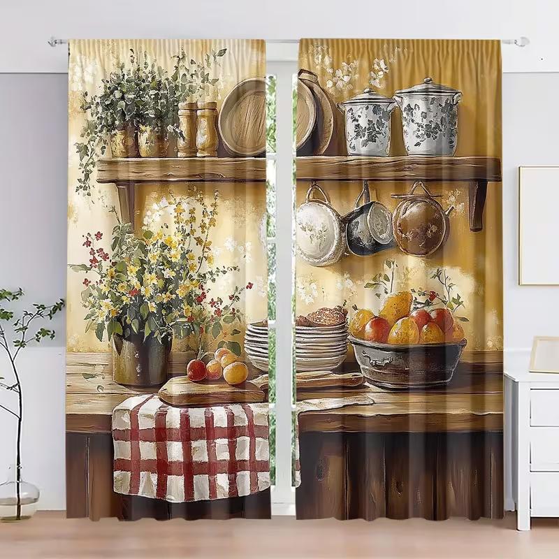 2 Pcs Retro kitchen print curtains,suitable for bedroom,living room kitchen decoration,home decoration,window decoration