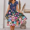 V-Neck Short Sleeve Large Hem Midi Dress Colorful Flower Printing Ladies Casual Dress