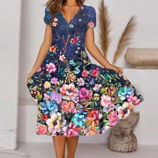 V-Neck Short Sleeve Large Hem Midi Dress Colorful Flower Printing Ladies Casual Dress