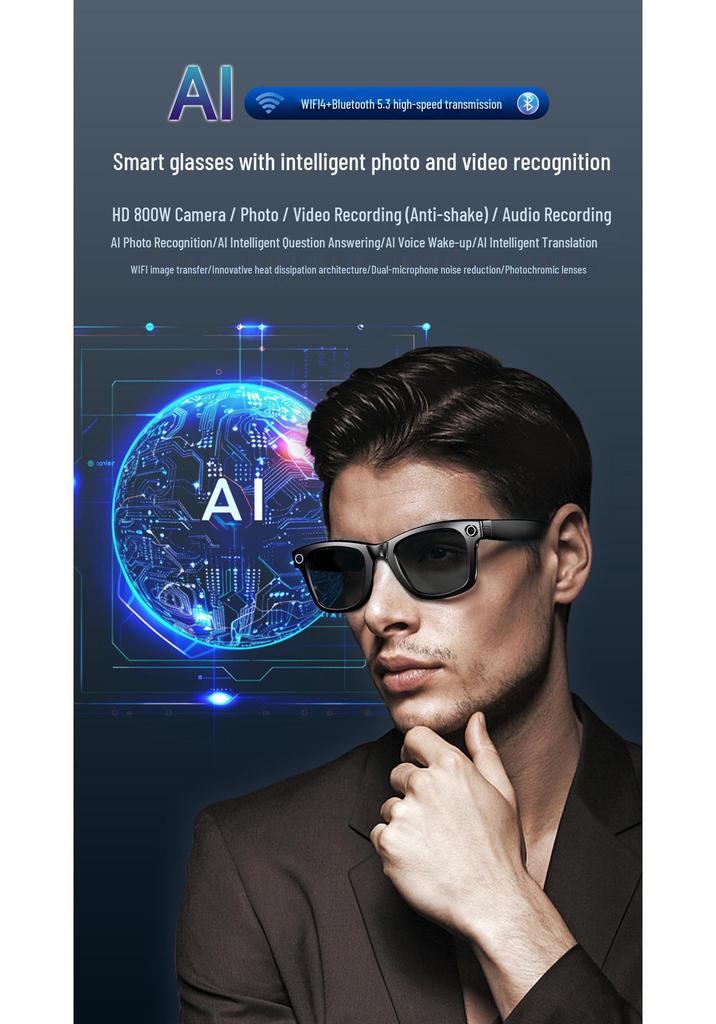 800W HD AI Smart Glasses with Camera, Translation, Video Recording, and WIFI