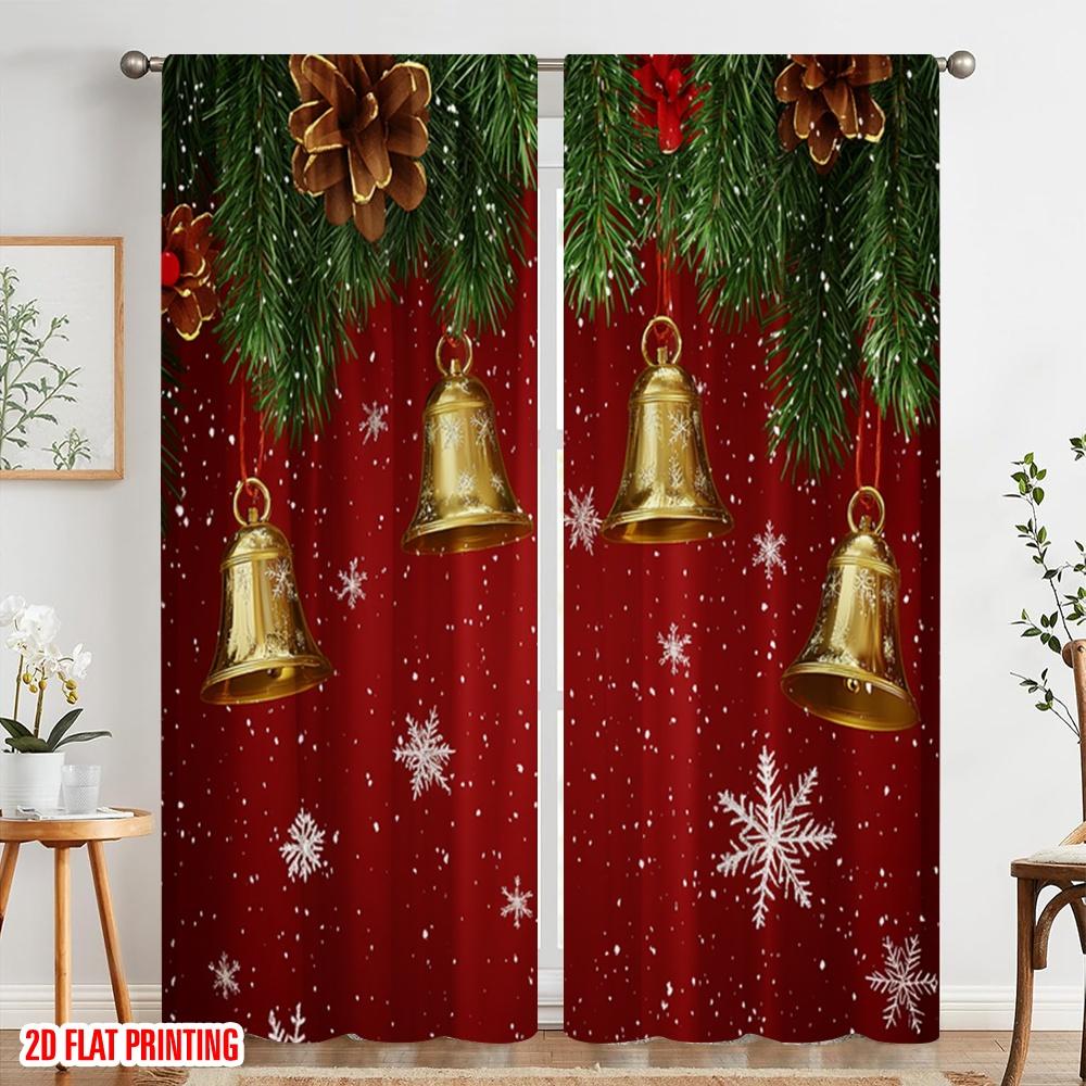 2pcs,2D Plane Printing Pattern Curtains Christmas Bells Snowflakes Holiday Durable 100% Polyester Fabric (without Rod) Versatile