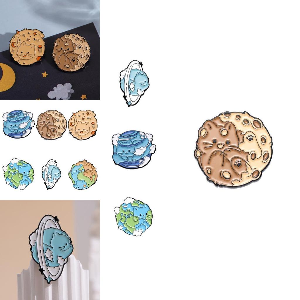 Cute Cartoon Creative Earth Ocean Protection Brooch Adorable Cat Planet Pin For Accessories