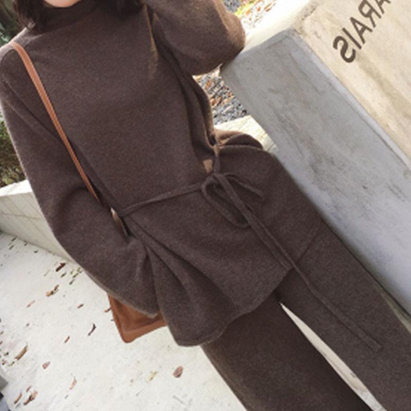 2024 Autumn/Winter Solid Color Knitted Sweater & Wide-Leg Pants Two-Piece Set with Lace-Up Top