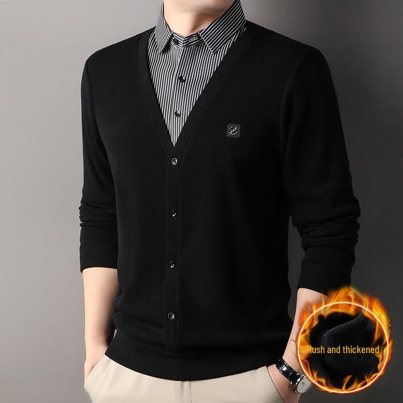 2025 Men s Winter Faux Two-Piece Plus Velvet Sweater: Warm Knit Shirt Collar Top M (for 100-120)