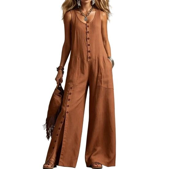 Women Button Down Jumpsuits, Sleeveless Crew Neck Casual Wide Leg Rompers, Summer Loose Overall with Pockets