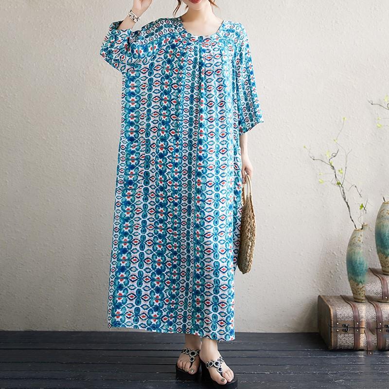 Manga corta Tallas grandes de algodón vintage floral nuevo en vestidos para mujer vestido largo casual suelto de verano