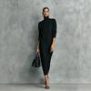 Women's Turtleneck Long Sleeve Side Slit Knit Midi Dress Solid Color Casual Dress
