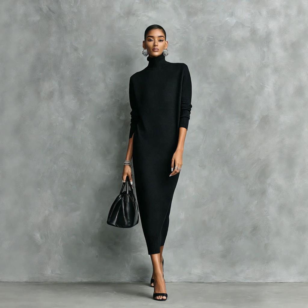 Women's Turtleneck Long Sleeve Side Slit Knit Midi Dress Solid Color Casual Dress