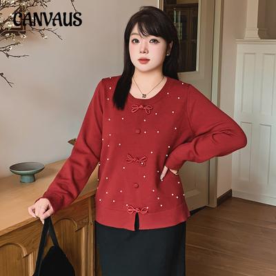 Maglione a maglia con perline da donna taglie forti, top con bottoni stile nazionale, maglione invernale con temperamento