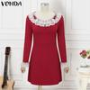 VONDA Women Autumn Lace Round Neck Long Sleeve Dresses