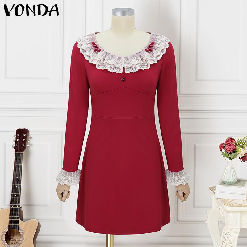 VONDA Women Autumn Lace Round Neck Long Sleeve Dresses