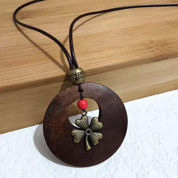 Retro Leather Rope Necklace with Wooden Alloy Pendant for Cotton and Linen Sweaters