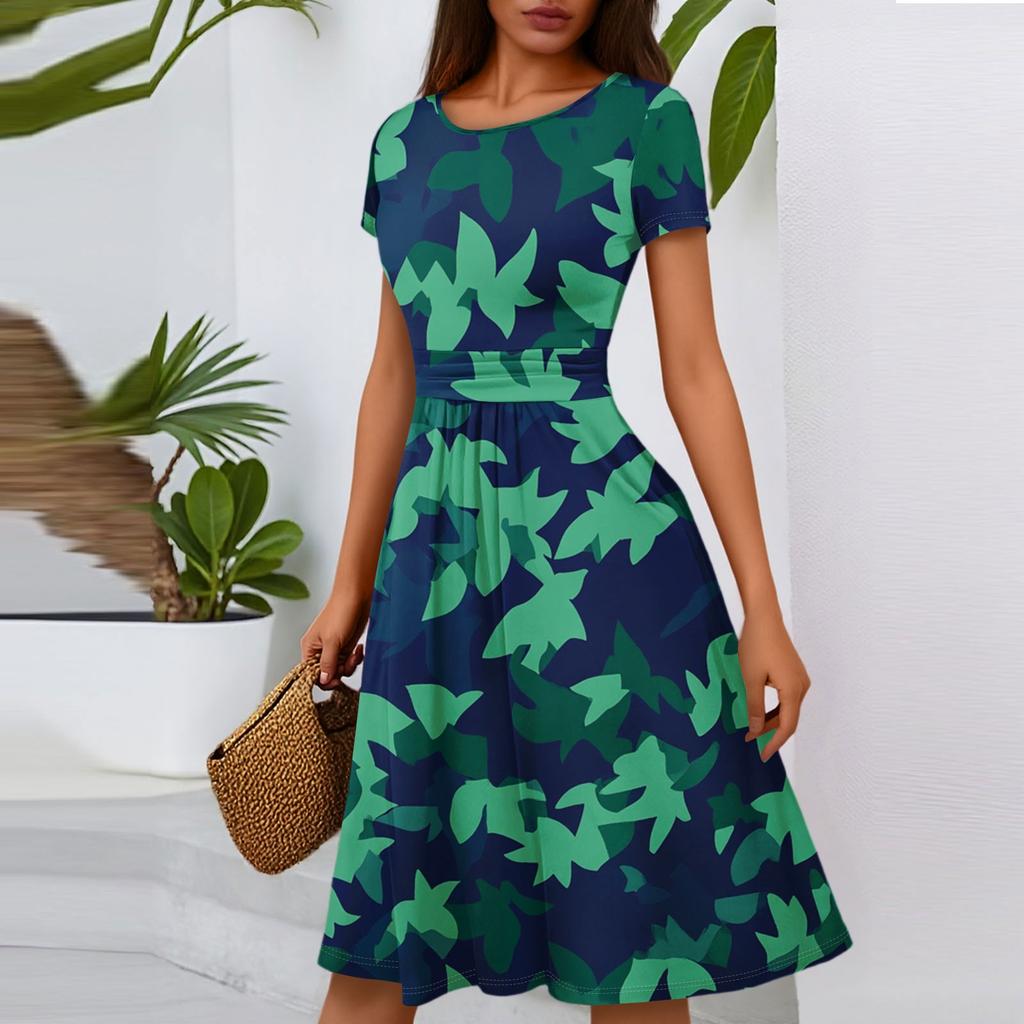 Women's Casual Fashion Round Neck Pleated Short Sleeve Floral Print A-Line Midi Dress