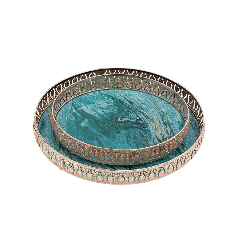 Luxury Round Decorative Trays Teal Marble Glass with Rose Gold Ornate Frame for Vanity & Coffee Table Storage Trays Home